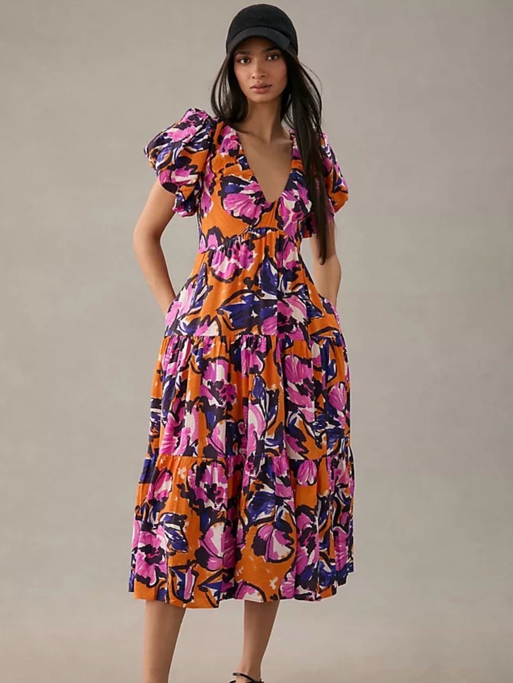 Anthropologie Orange Floral Puff-Sleeve Midi Dress with Pink & Purple Accents